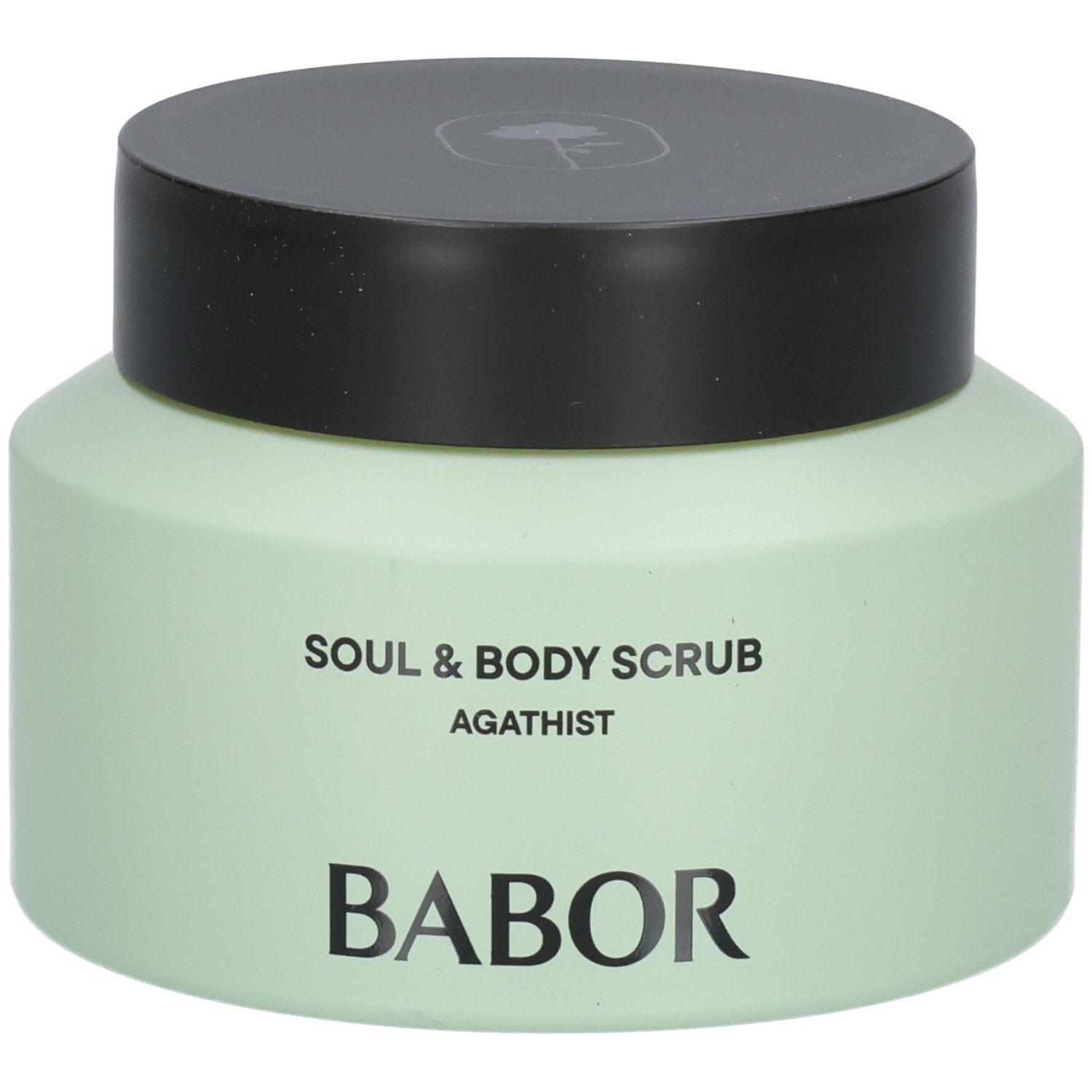 Gommage corps et âme BABOR Agathist dans un pot vert menthe clair avec couvercle noir.