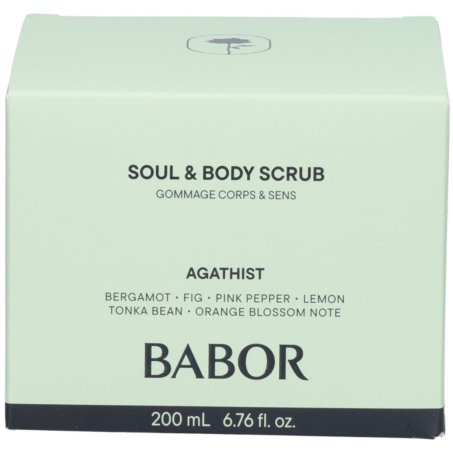 Boîte BABOR Soul & Body Scrub Agathist avec notes de parfum et nom de marque.