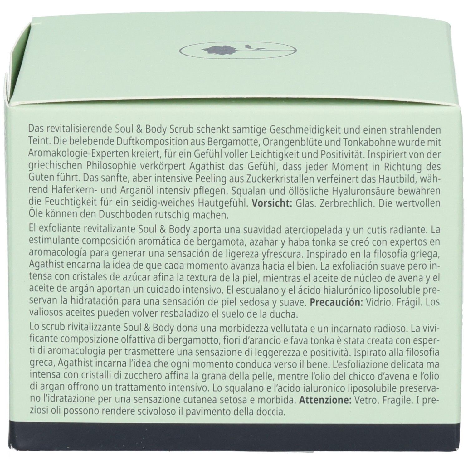 Arrière de l'emballage BABOR Soul & Body Scrub Agathist avec description du produit.