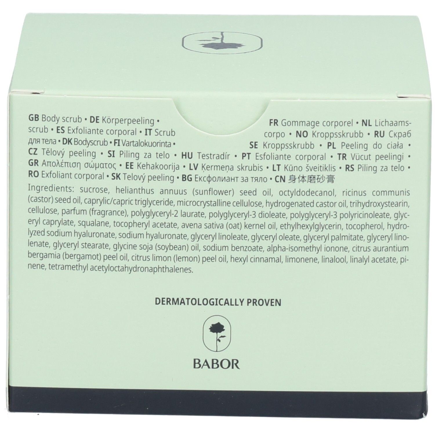 Arrière de l'emballage BABOR Soul & Body Scrub Agathist avec ingrédients et langues.
