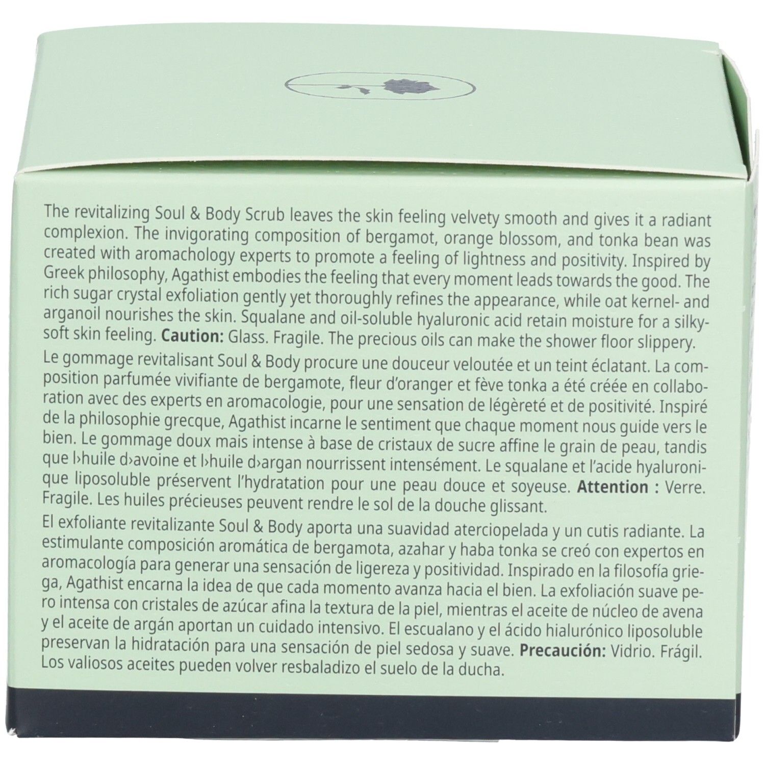 Emballage BABOR Soul & Body Scrub Agathist avec description du produit en plusieurs langues.