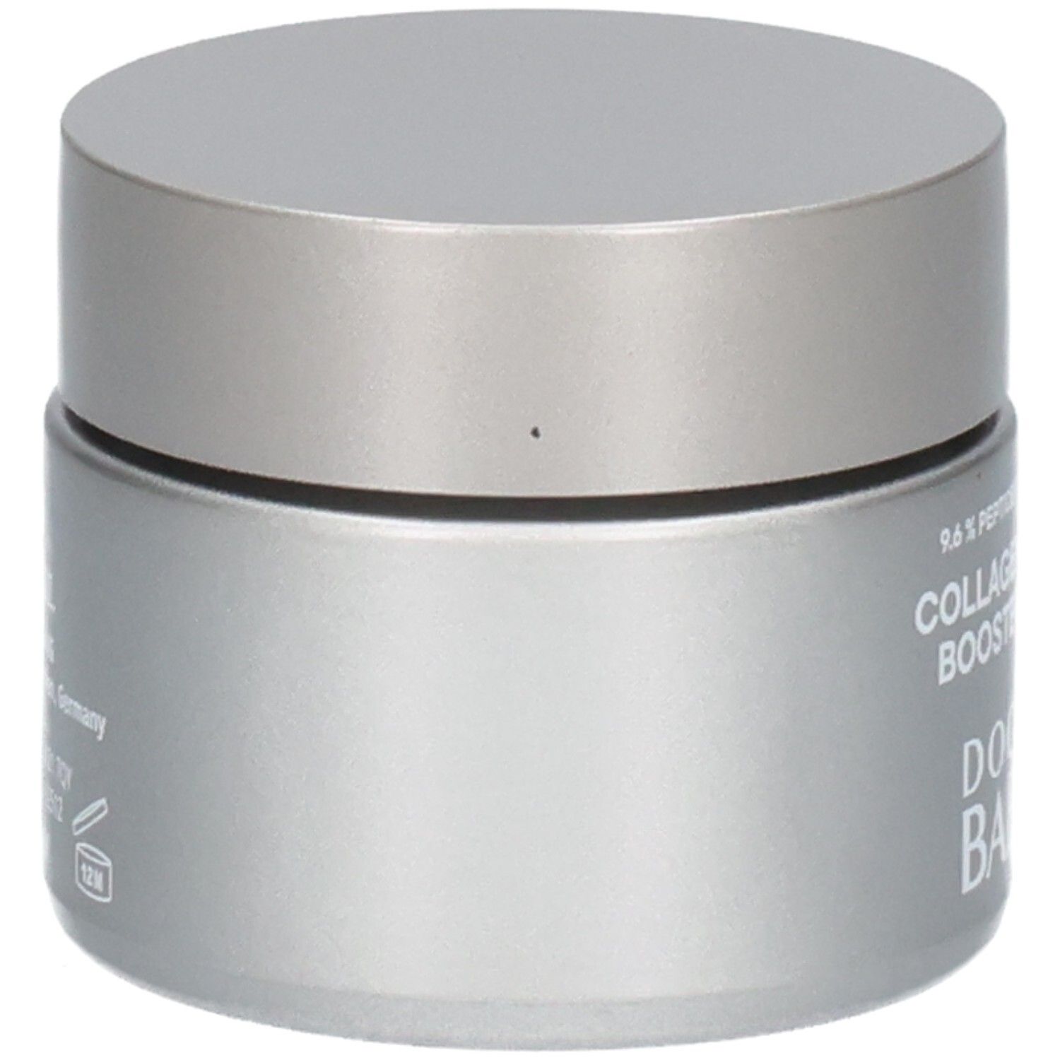 Vue latérale d'un pot argenté avec couvercle argenté, DOCTOR BABOR COLLAGEN-PEPTIDE BOOSTER CREAM.