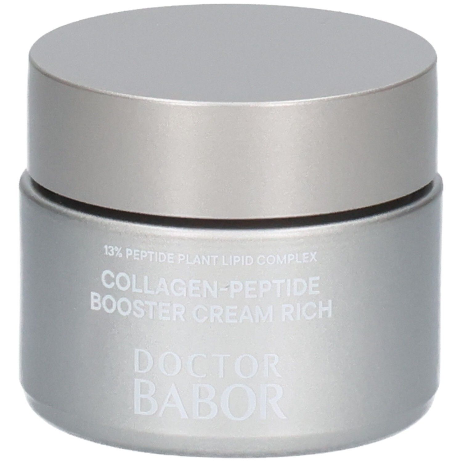 Pot argenté avec couvercle argenté. Contient "13% Peptide Plant Lipid Complex Collagen-Peptide Booster Cream Rich" et "DOCTOR BABOR".