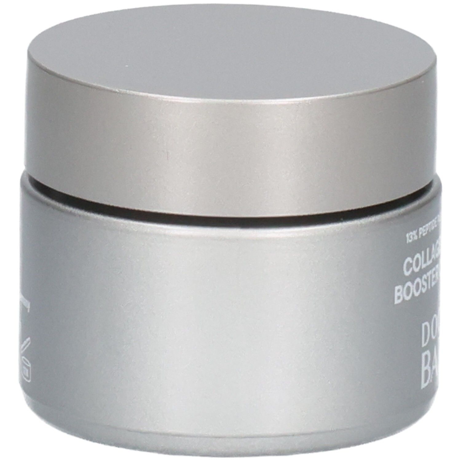 Vue latérale d'un pot argenté avec couvercle argenté. Contient "13% Peptide Plant Lipid Complex Collagen-Peptide Booster Cream Rich" et "DOCTOR BABOR".