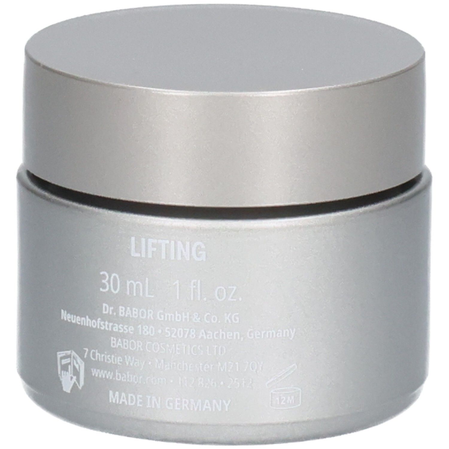 Arrière d'un pot argenté avec couvercle argenté. Contient "LIFTING", "30 ml 1 fl. oz.", "MADE IN GERMANY" et détails d'adresse.