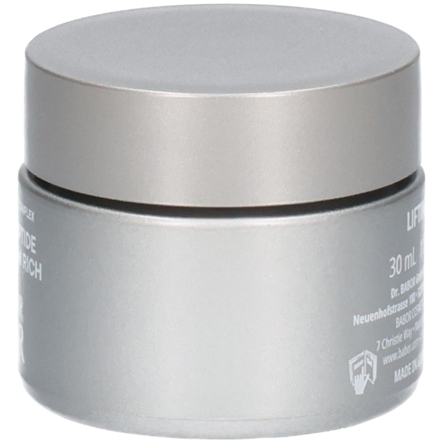 Vue latérale d'un pot argenté avec couvercle argenté. Contient "LIFTING", "30 ml 1 fl. oz.", "MADE IN GERMANY" et détails d'adresse.