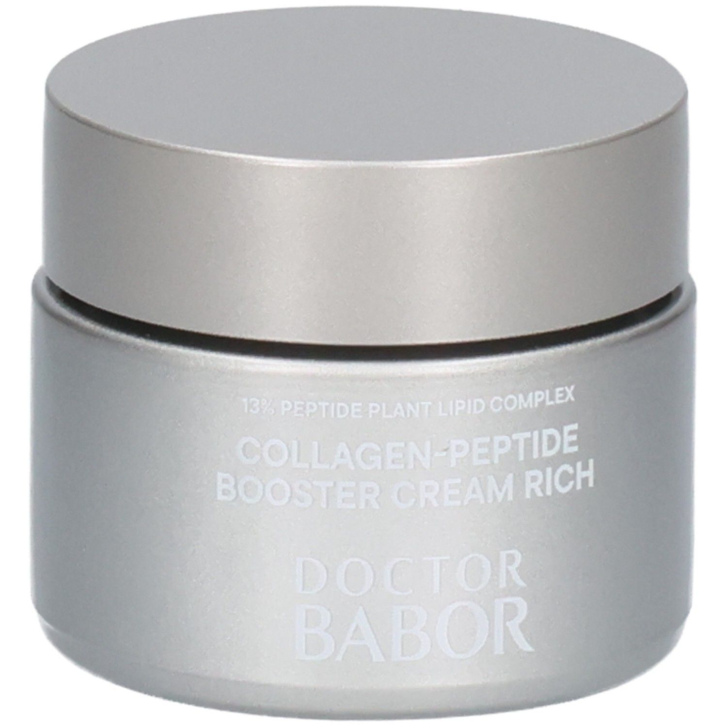 Pot argenté avec couvercle argenté. Contient "13% Peptide Plant Lipid Complex Collagen-Peptide Booster Cream Rich" et "DOCTOR BABOR".