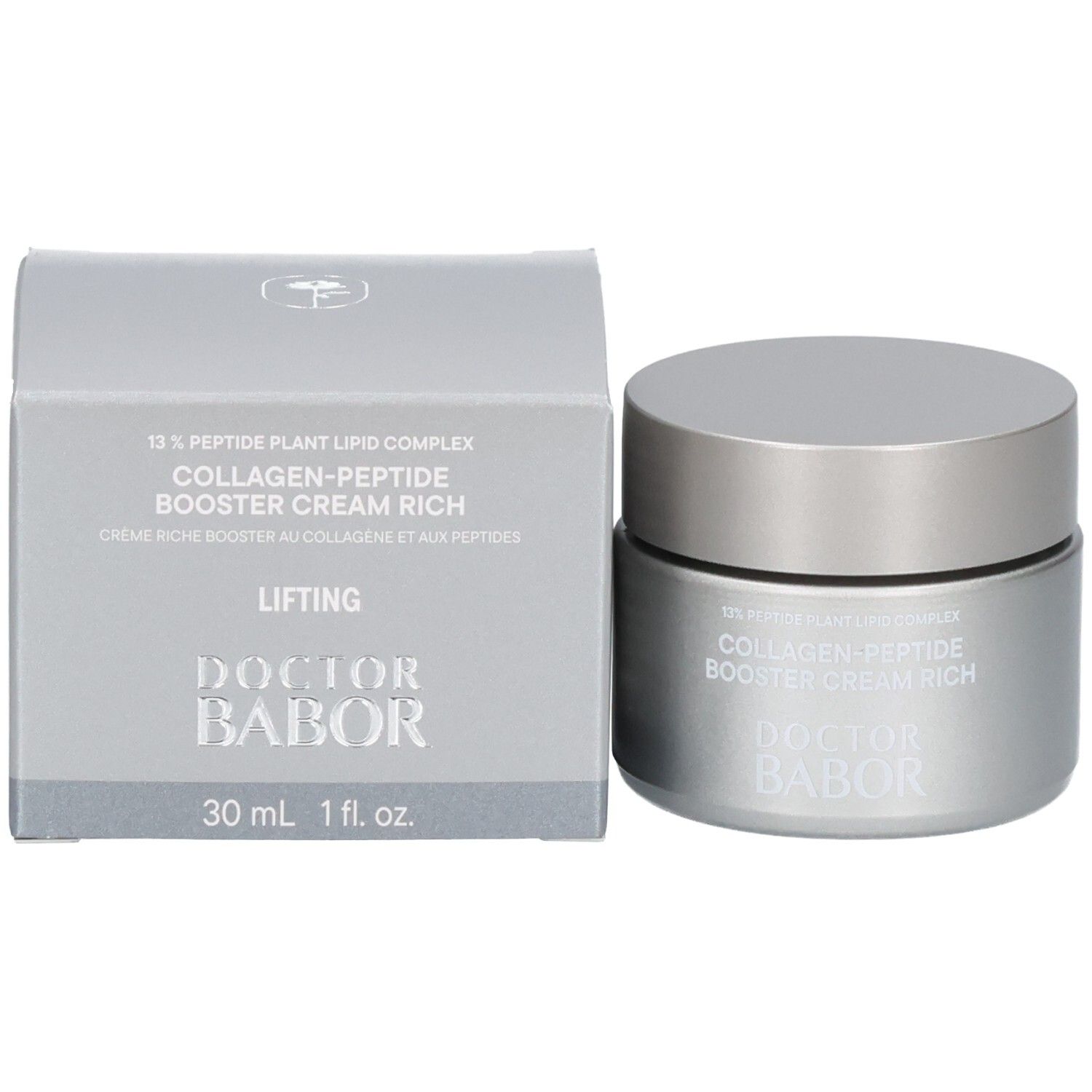 Pot argenté avec couvercle argenté et boîte pliante argentée. Les deux montrent "13% Peptide Plant Lipid Complex Collagen-Peptide Booster Cream Rich" et "DOCTOR BABOR".