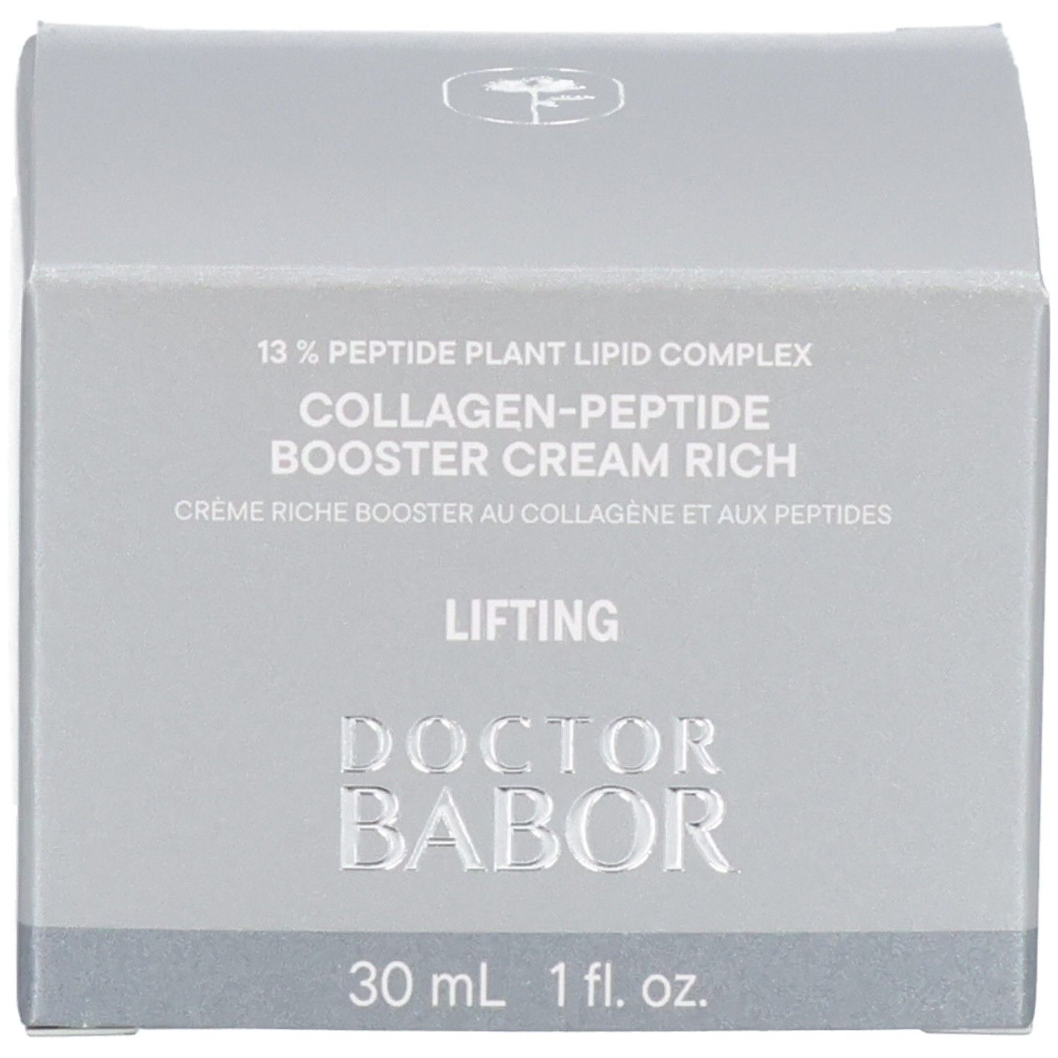 Boîte pliante argentée. Contient "13% Peptide Plant Lipid Complex Collagen-Peptide Booster Cream Rich", "LIFTING", "30 mL 1 fl. oz." et "DOCTOR BABOR".