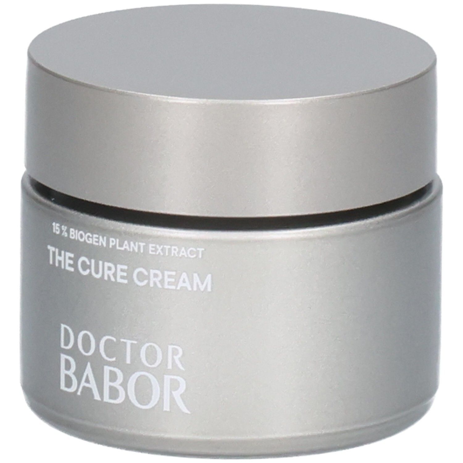 Doctor Babor The Cure Cream dans un pot argenté. Contient 15% d'extrait de plante biogène. Inscription bien visible.