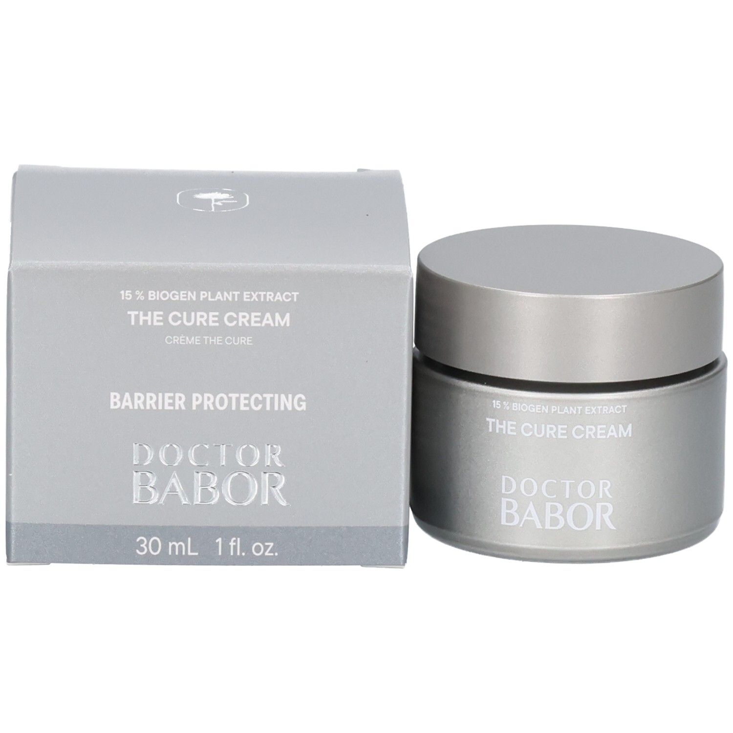 Pot Doctor Babor The Cure Cream à côté de l'emballage argenté du produit. Les deux avec la même inscription.