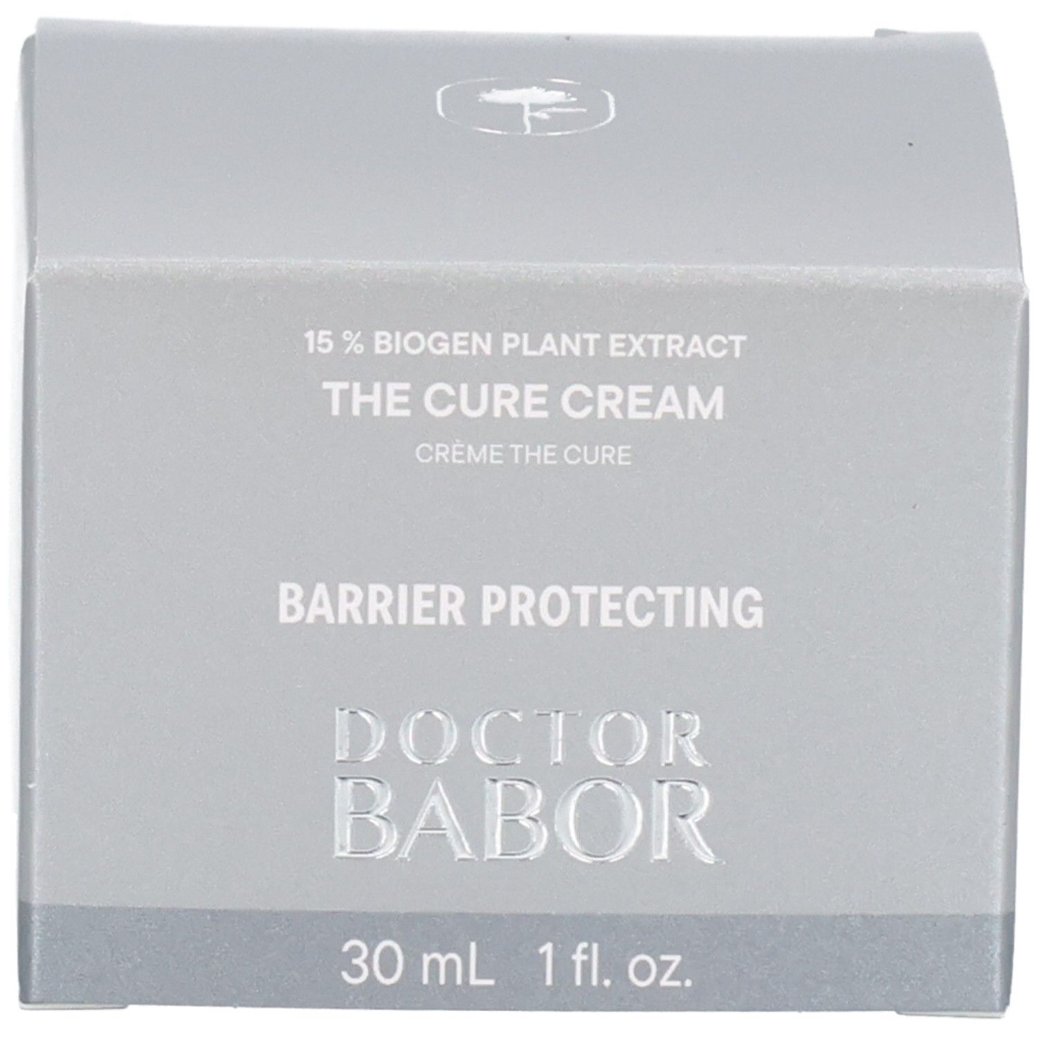 Emballage argenté du produit Doctor Babor The Cure Cream. Contient 30 ml / 1 fl. oz. Barrier Protecting.