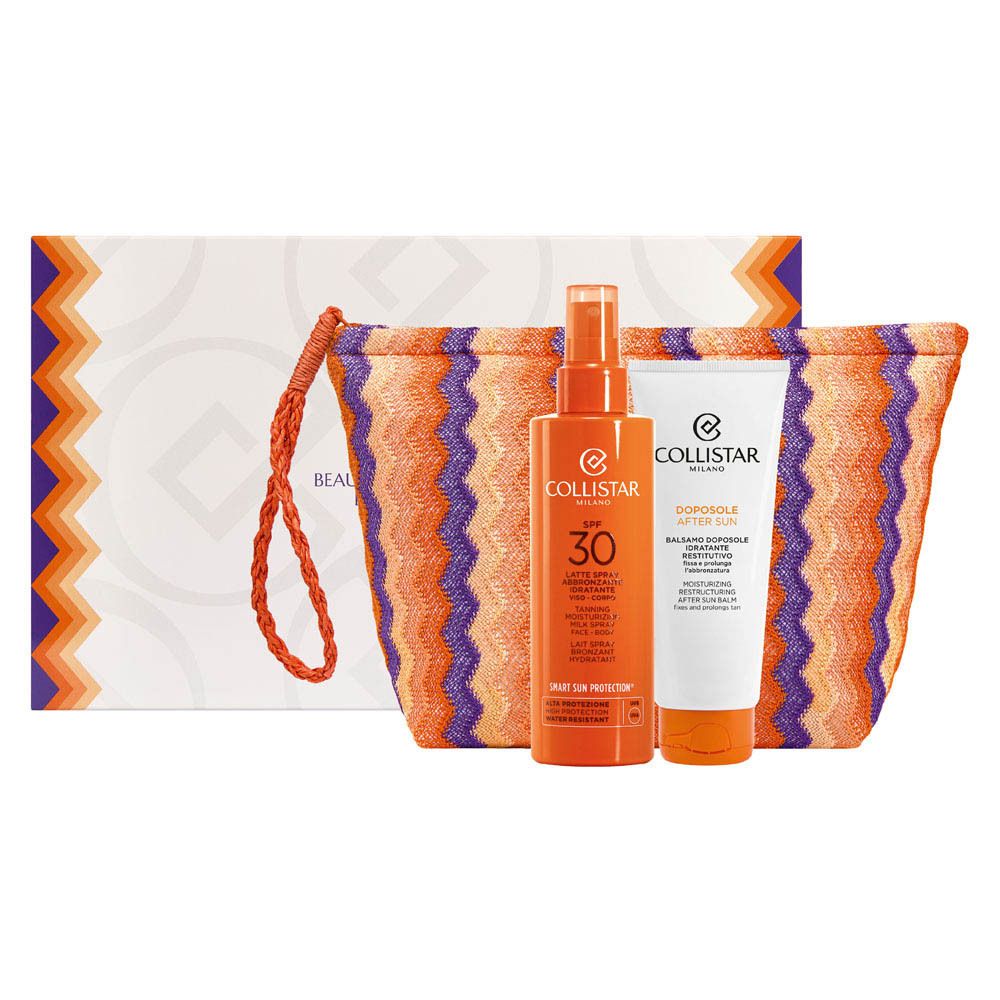 Coffret cadeau avec trousse, spray solaire SPF30 et baume après-soleil. Emballage avec logo et texte.