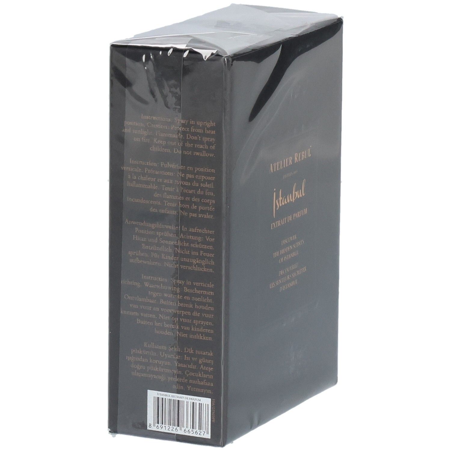 Arrière de l'emballage de l'Atelier Rebul Istanbul Extrait de Parfum avec informations produit.