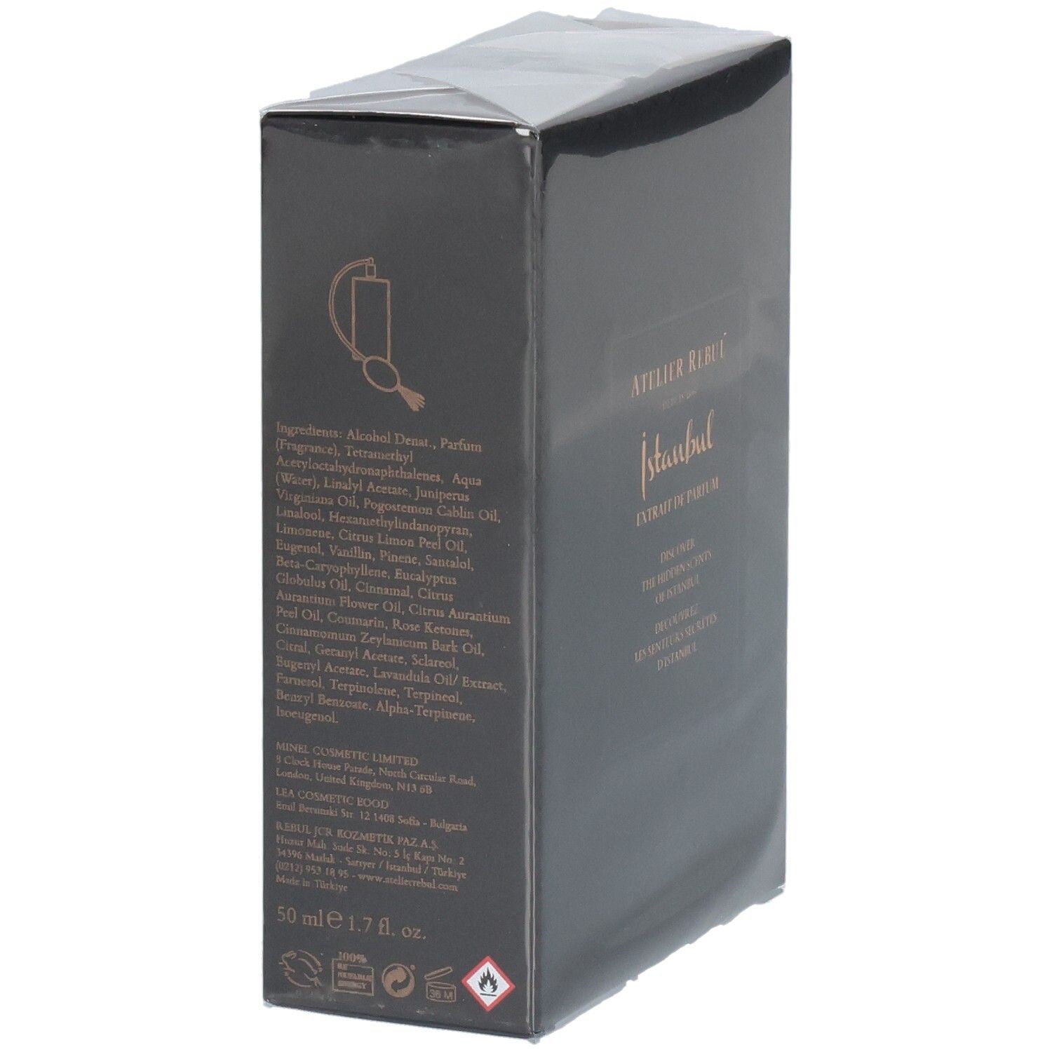 Vue latérale de l'emballage de l'Atelier Rebul Istanbul Extrait de Parfum avec ingrédients.