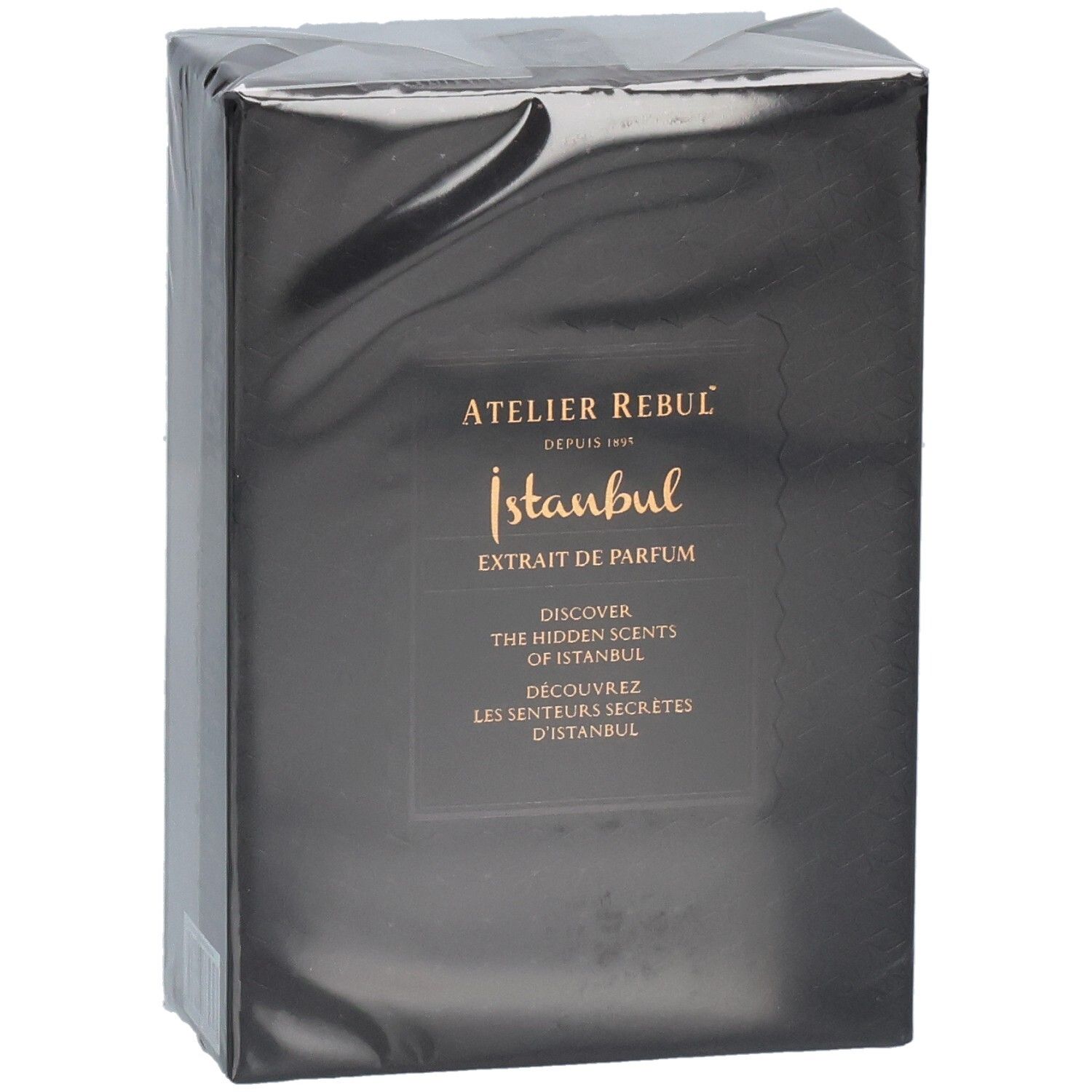 Emballage de l'Atelier Rebul Istanbul Extrait de Parfum, légèrement de côté.