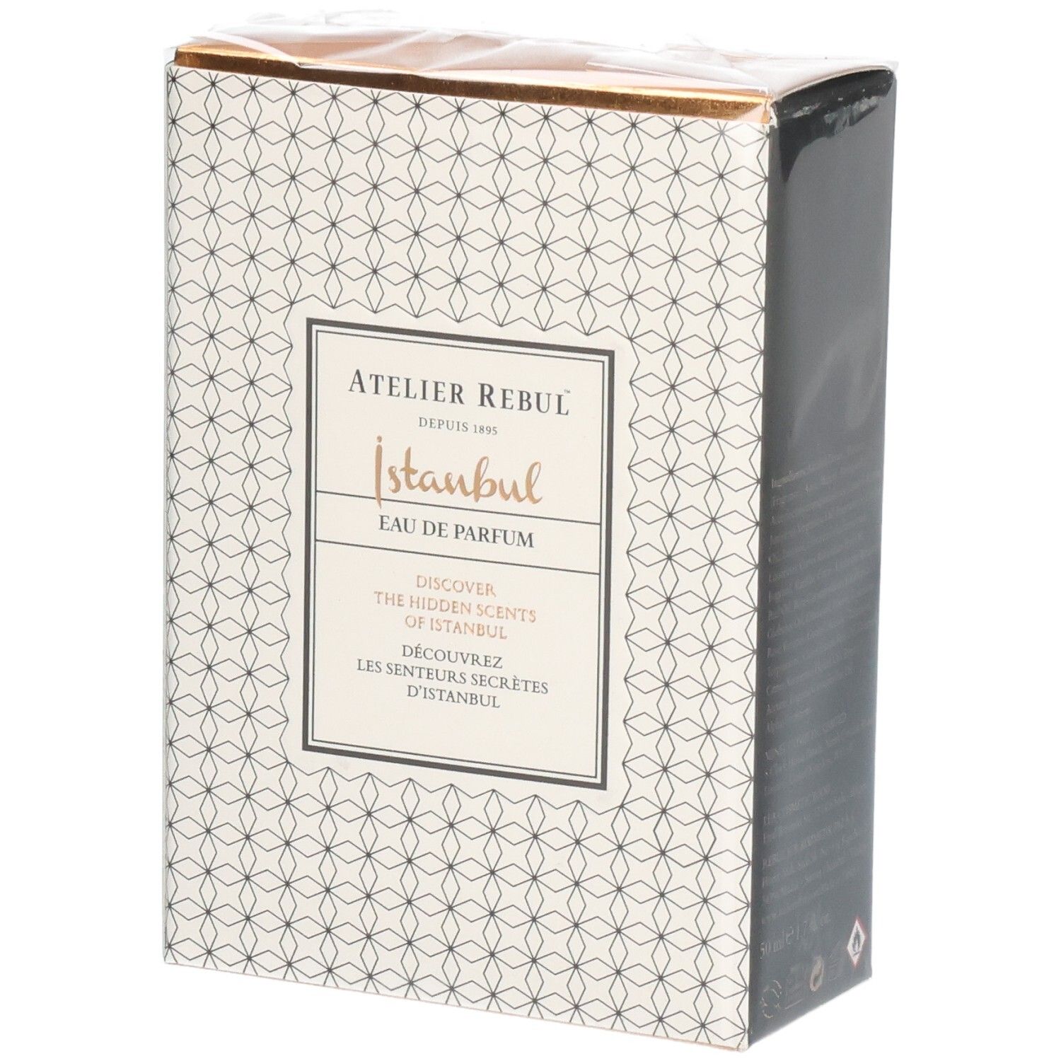 Emballage de l'Eau de Parfum Atelier Rebul Istanbul avec motif géométrique.