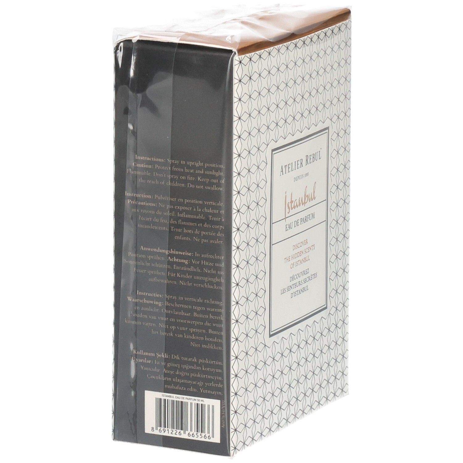 Arrière de l'emballage Atelier Rebul Istanbul Eau de Parfum avec avertissements.