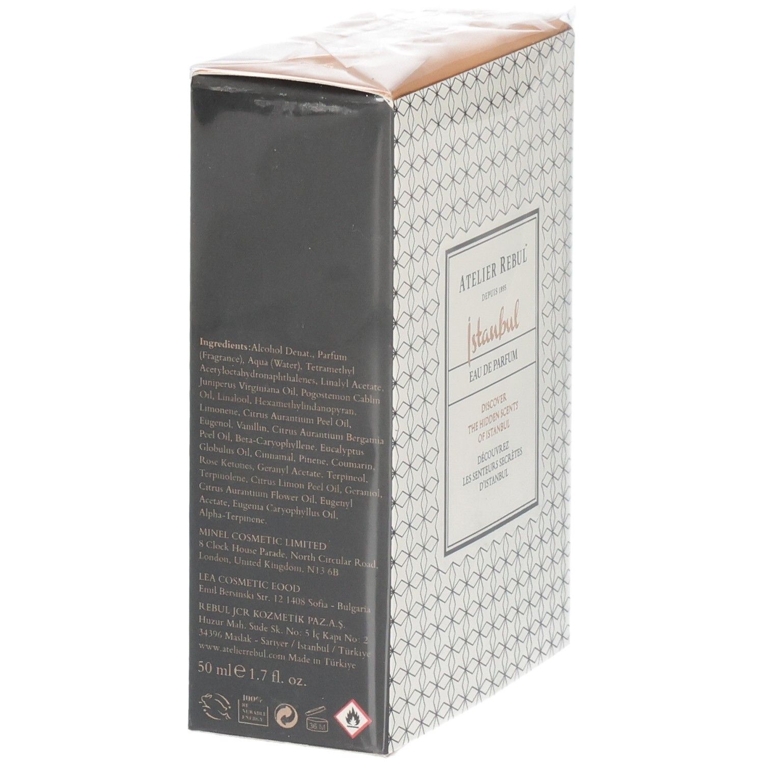 Côté de l'emballage Atelier Rebul Istanbul Eau de Parfum avec liste des ingrédients.