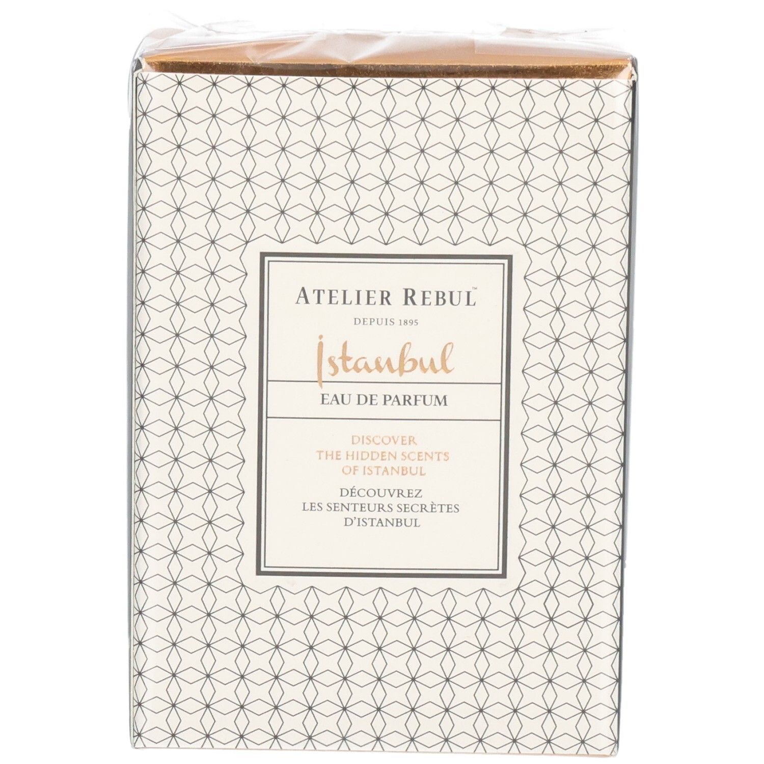 Emballage de l'Eau de Parfum Atelier Rebul Istanbul, face avant avec motif géométrique.