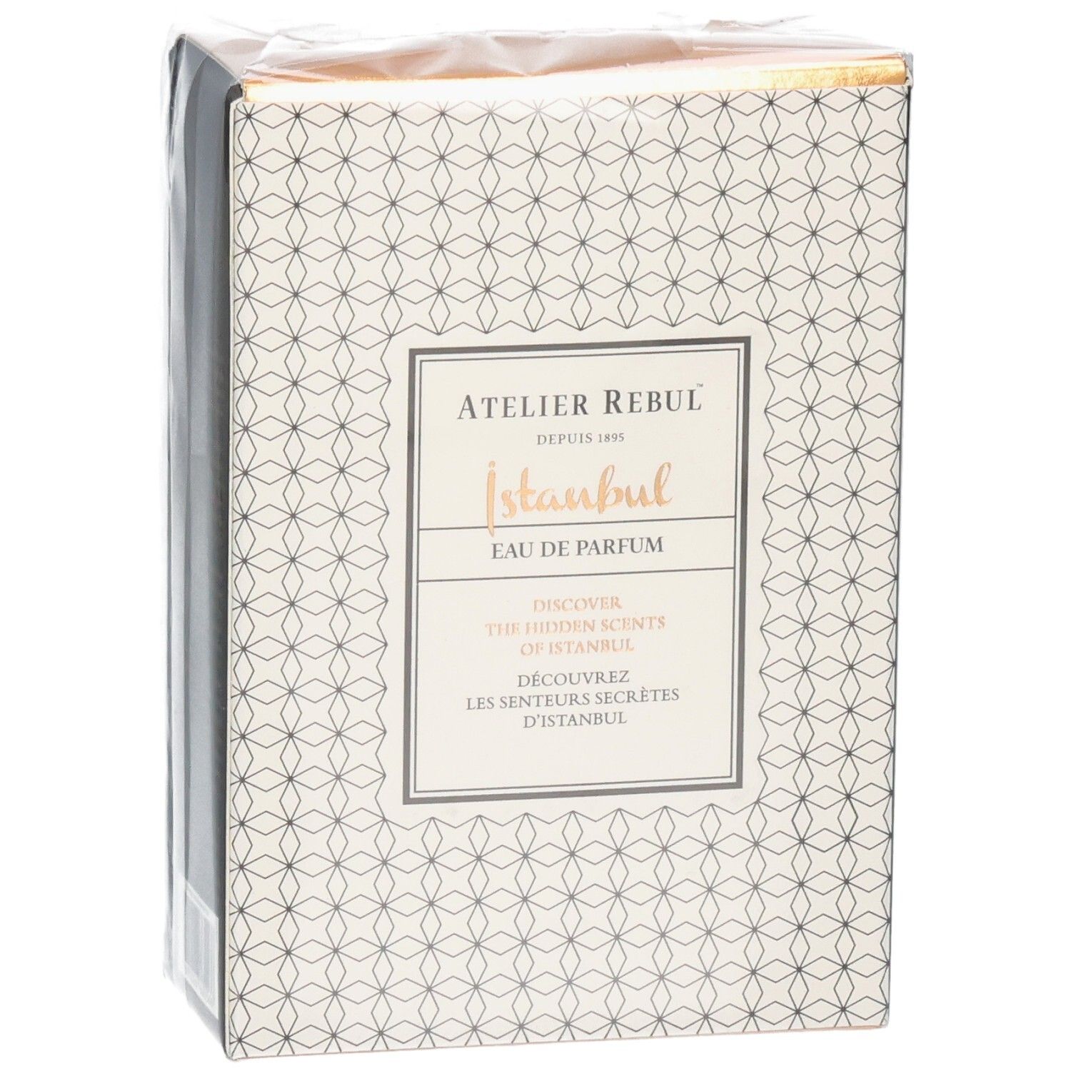 Emballage de l'Eau de Parfum Atelier Rebul Istanbul, face avant avec motif géométrique.