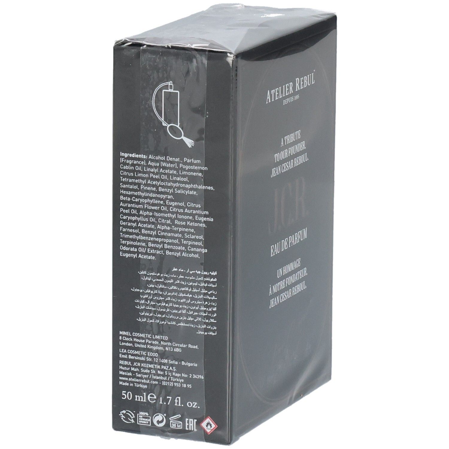 Boîte de parfum noire avec liste des ingrédients et indication de taille 50 ml.