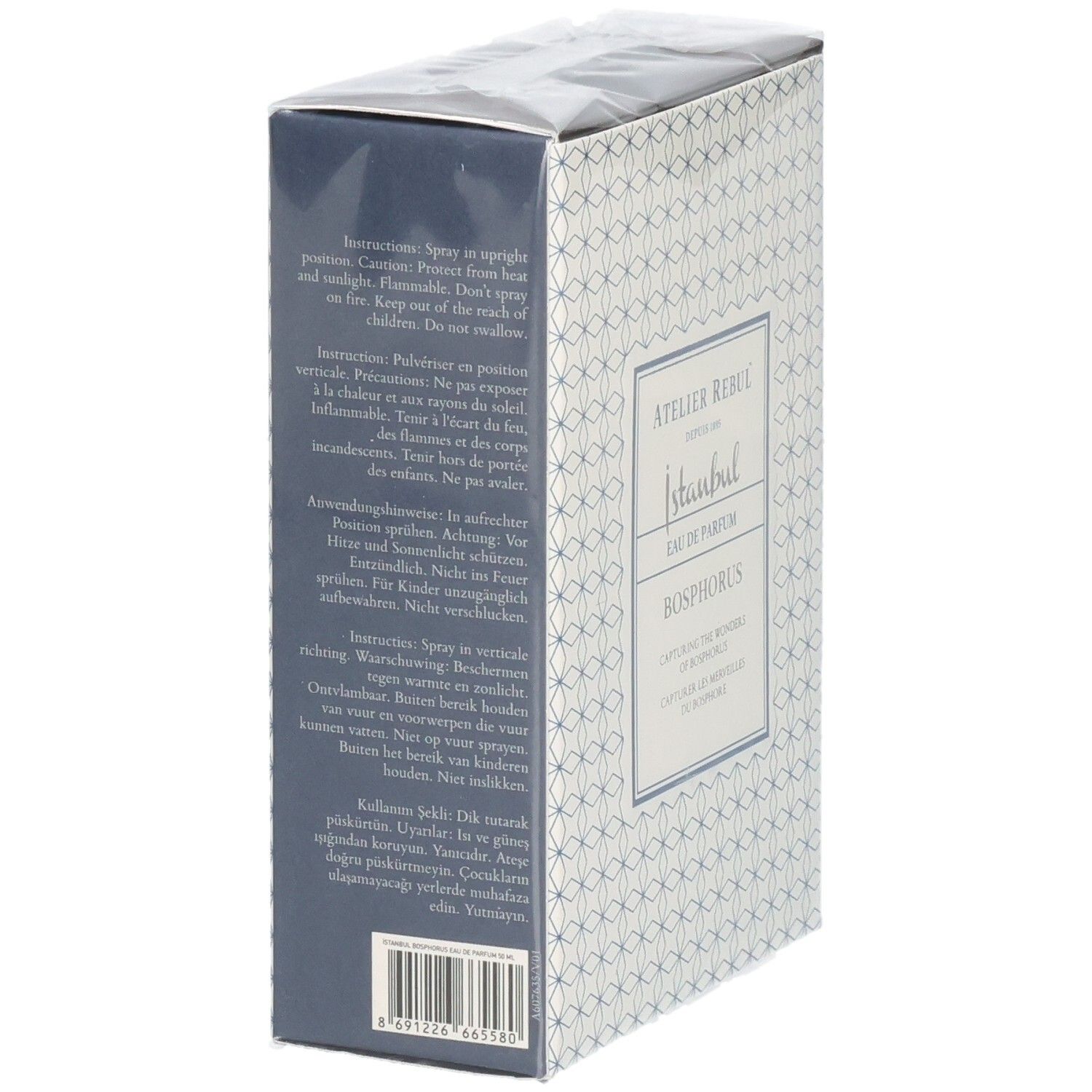 Arrière de l'emballage avec instructions d'utilisation pour l'Eau de Parfum Istanbul Bosphorus d'Atelier Rebul.