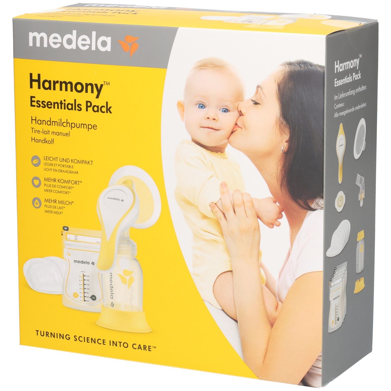 Boîte Medela Harmony Essentials Pack. Jaune et grise. Contient un tire-lait manuel et accessoires. Image d'un bébé et d'une mère.