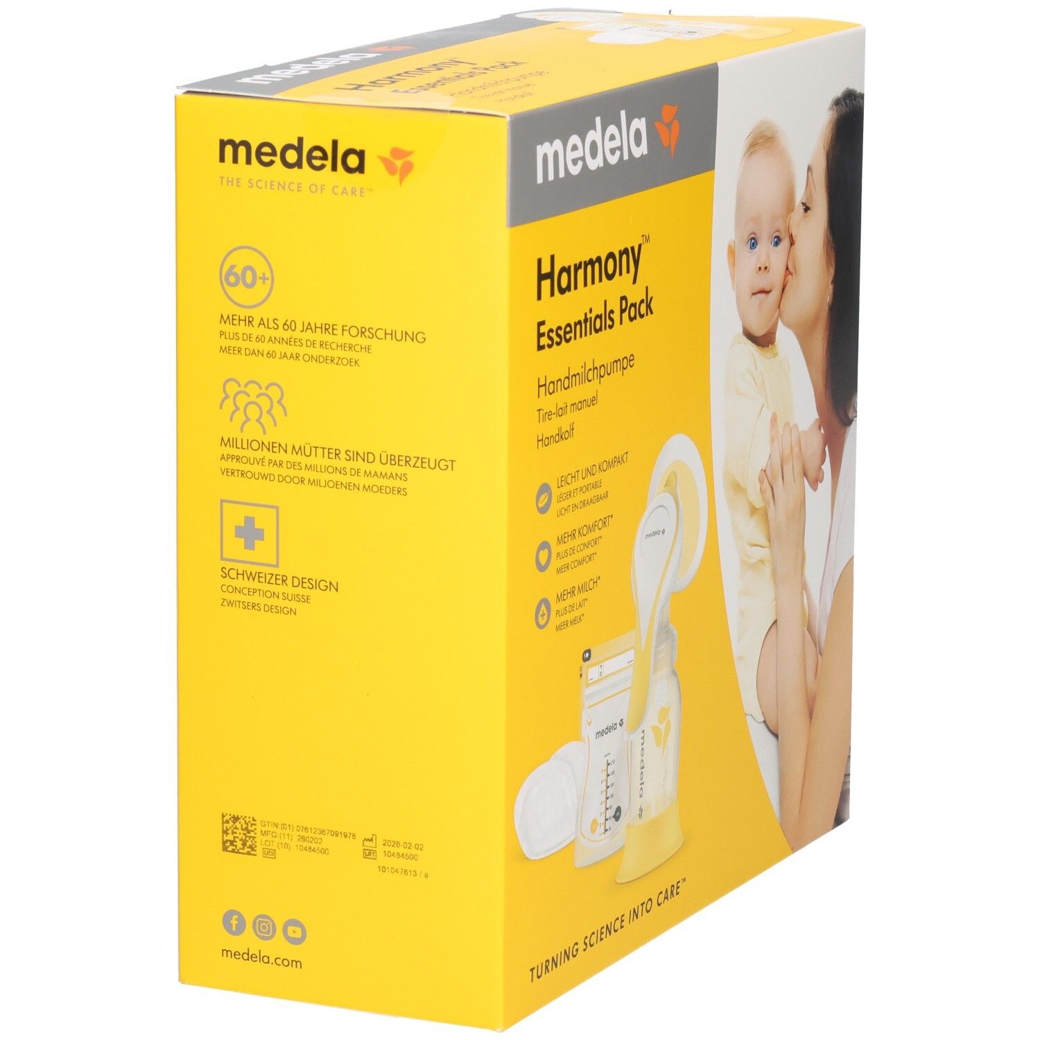 Boîte Medela Harmony Essentials Pack. Jaune et grise. Texte: Harmony Essentials Pack, tire-lait manuel. Image d'un bébé et d'une mère.
