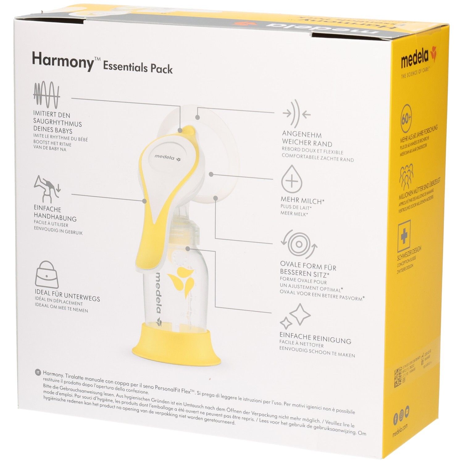 Dos de la boîte Medela Harmony Essentials Pack. Dessin du tire-lait manuel et de ses composants. Texte et pictogrammes.