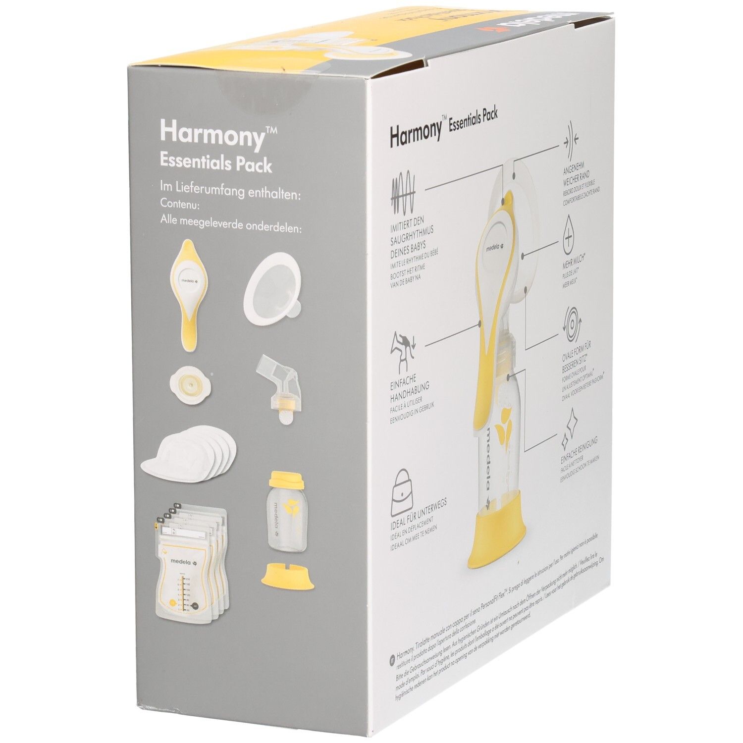 Boîte Medela Harmony Essentials Pack. Contient tire-lait manuel, biberons, coussinets d'allaitement et accessoires. Jaune et gris.