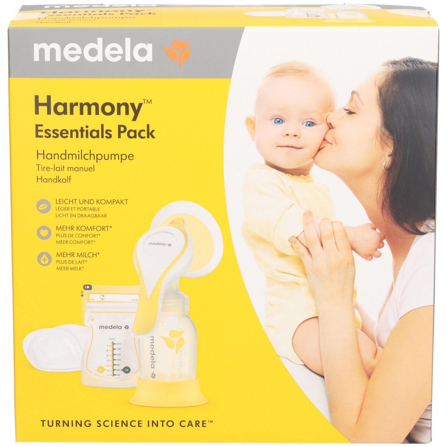 Boîte Medela Harmony Essentials Pack. Jaune et grise. Contient tire-lait manuel et accessoires. Image d'un bébé et d'une mère.
