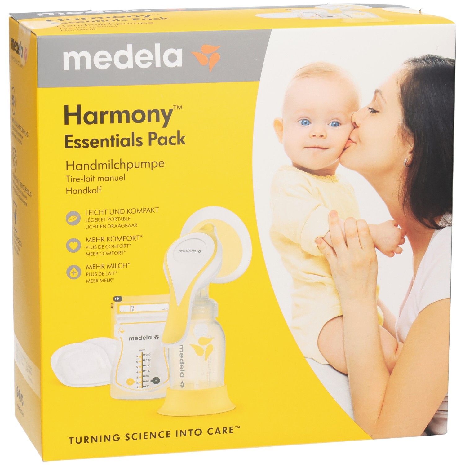 Boîte Medela Harmony Essentials Pack. Jaune et grise. Contient tire-lait manuel et accessoires. Image d'un bébé et d'une mère.