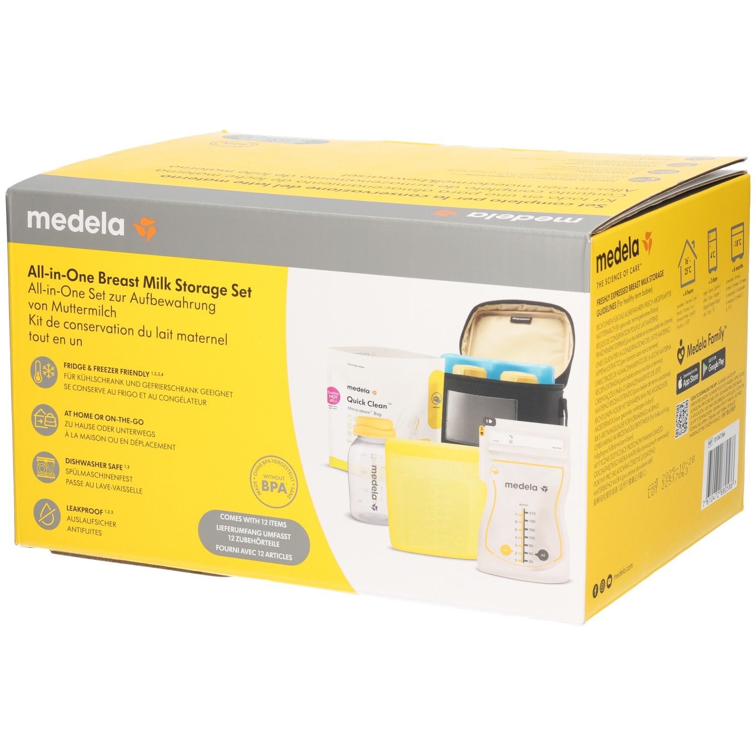 Ensemble de conservation de lait maternel MEDELA All-in-One. Emballage jaune et gris. Contient des biberons, des sacs et un sac isotherme. Sans BPA.