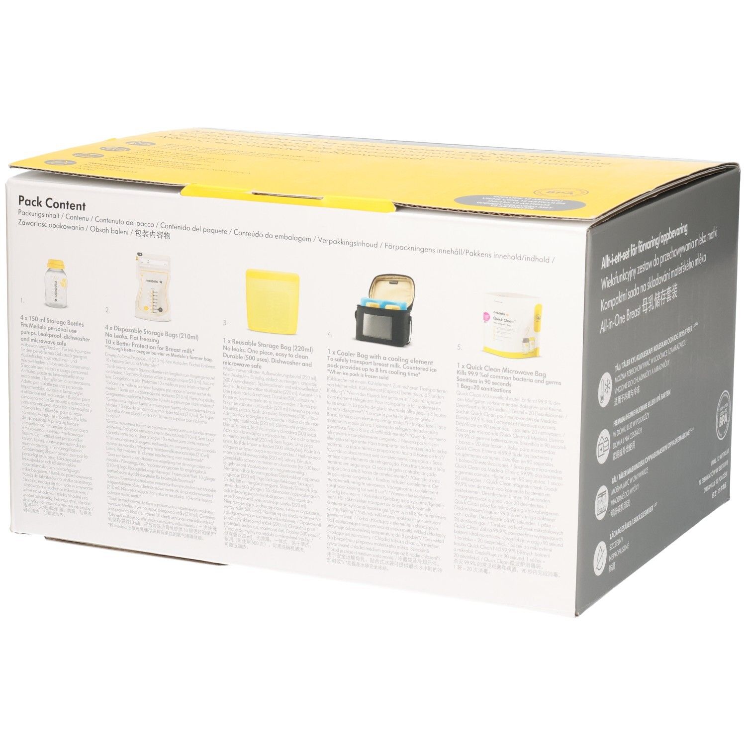 Dos de l'emballage MEDELA All-in-One Breast Milk Storage Set. Montre les composants : bouteilles, sacs, sac isotherme.