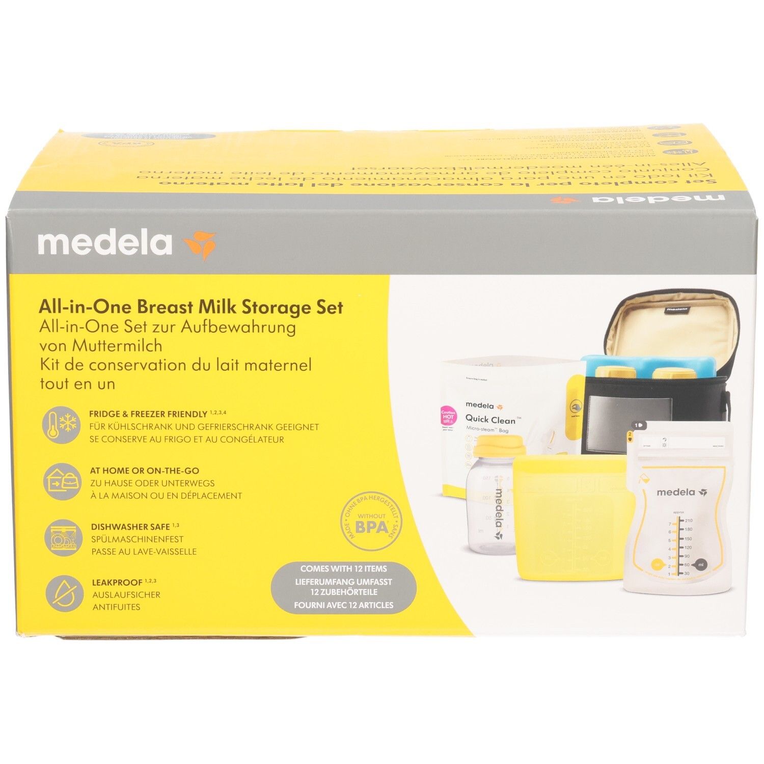 Ensemble de conservation de lait maternel MEDELA All-in-One. Emballage jaune et gris. Contient des biberons, des sacs et un sac isotherme. Sans BPA.