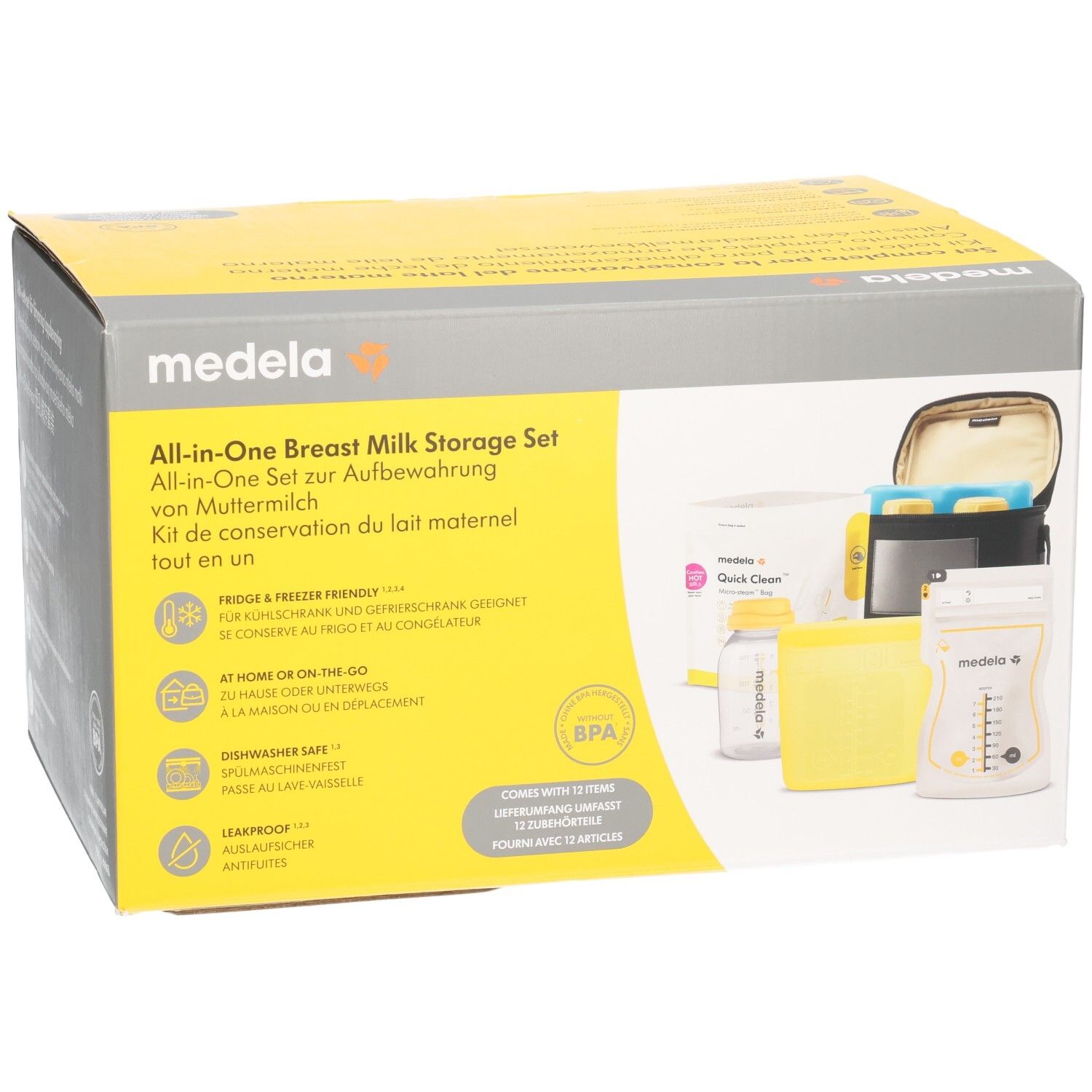 Ensemble de conservation de lait maternel MEDELA All-in-One. Emballage jaune et gris. Contient des biberons, des sacs et un sac isotherme. Sans BPA.