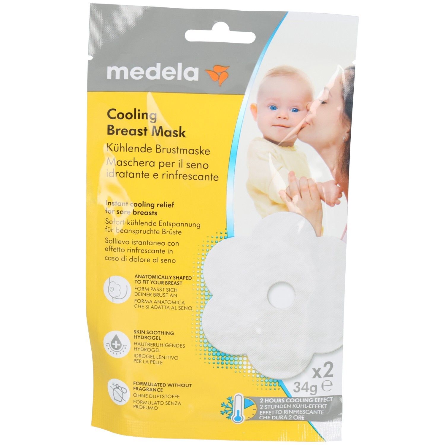 Emballage Medela Cooling Breast Mask. Deux masques blancs en forme de fleur. Texte: Masque rafraîchissant, 34g, 2 pièces.