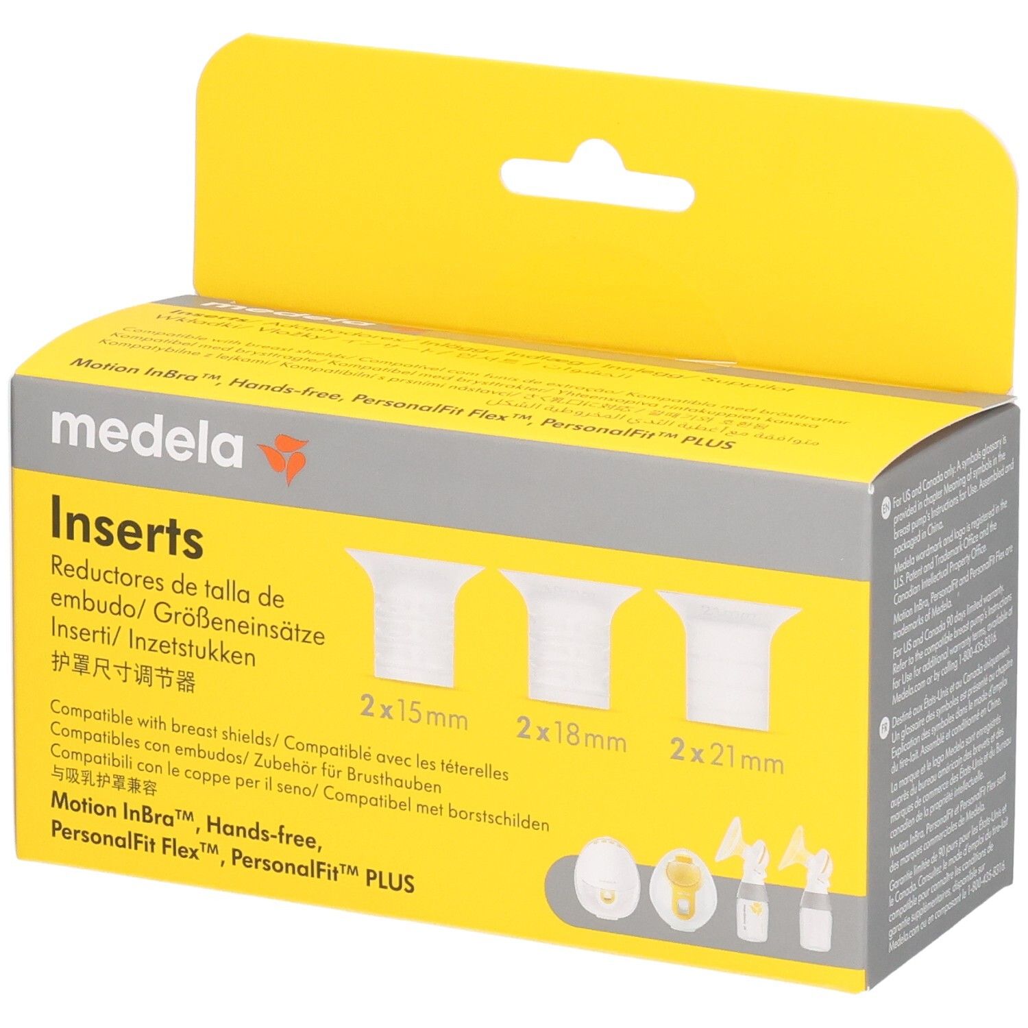 Boîte jaune Medela "Inserts". Contient 2x15mm, 2x18mm, 2x21mm. Compatible avec les téterelles. Logo Medela et texte multilingue.