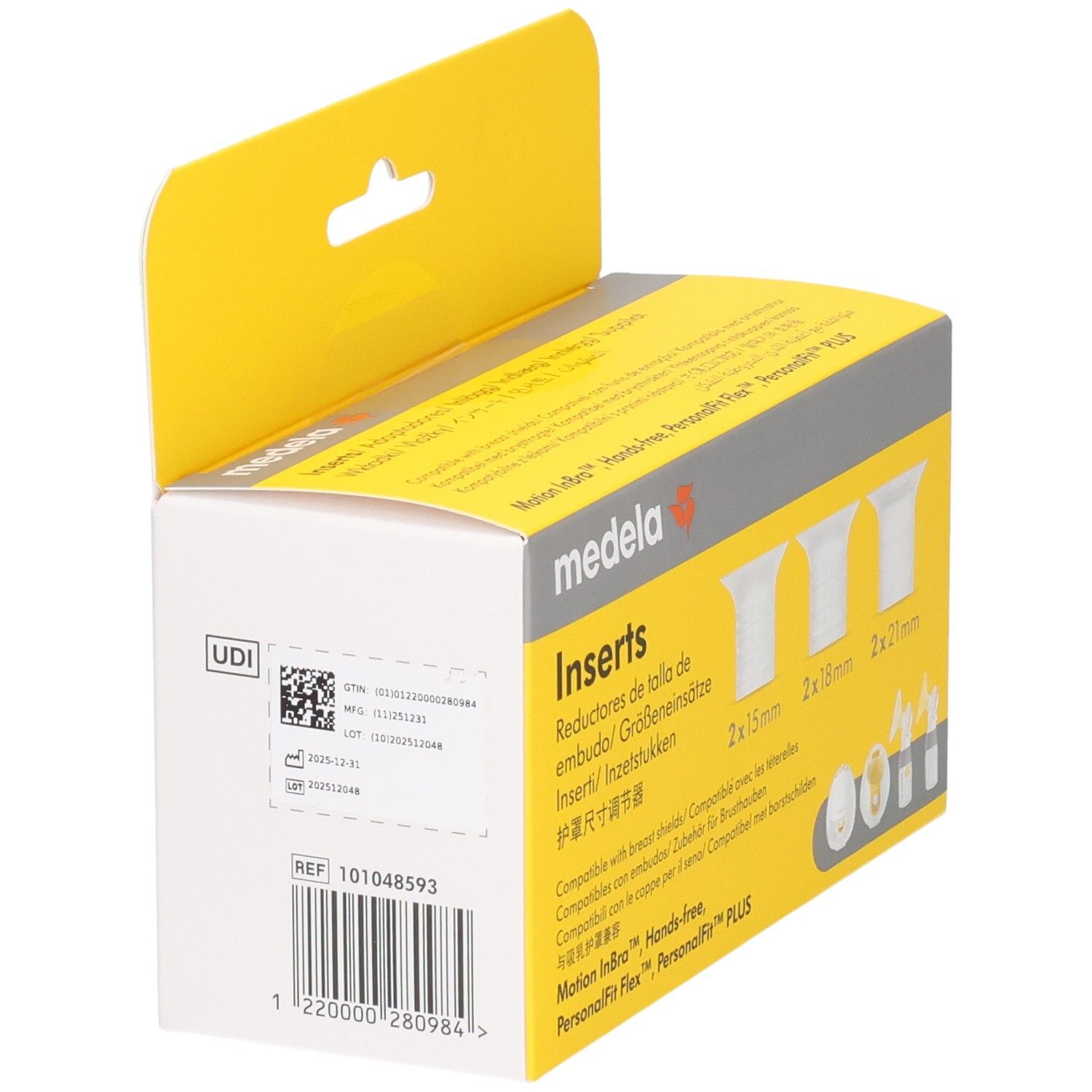 Dos de la boîte Medela "Inserts". Informations produit, code-barres et code UDI. Couleurs jaune et blanc.