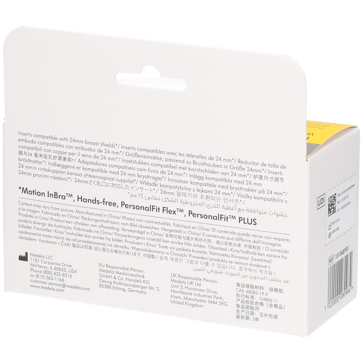 Dos de la boîte Medela "Inserts". Texte multilingue. Informations sur la compatibilité avec les téterelles.