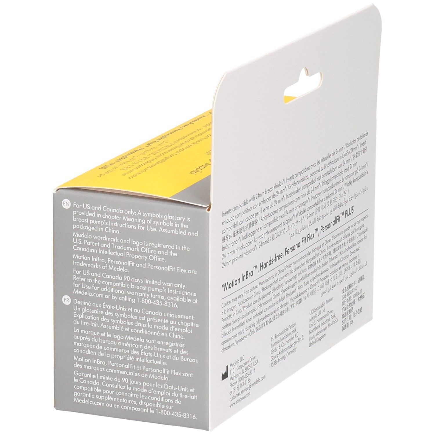 Côté de la boîte Medela "Inserts". Texte multilingue. Informations sur les marques et la garantie.