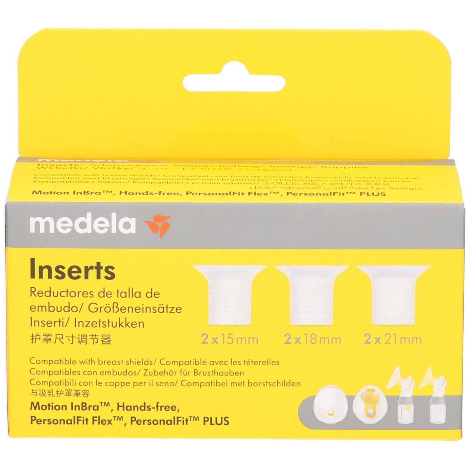 Boîte jaune Medela "Inserts". Contient 2x15mm, 2x18mm, 2x21mm. Compatible avec les téterelles. Logo Medela et texte multilingue.