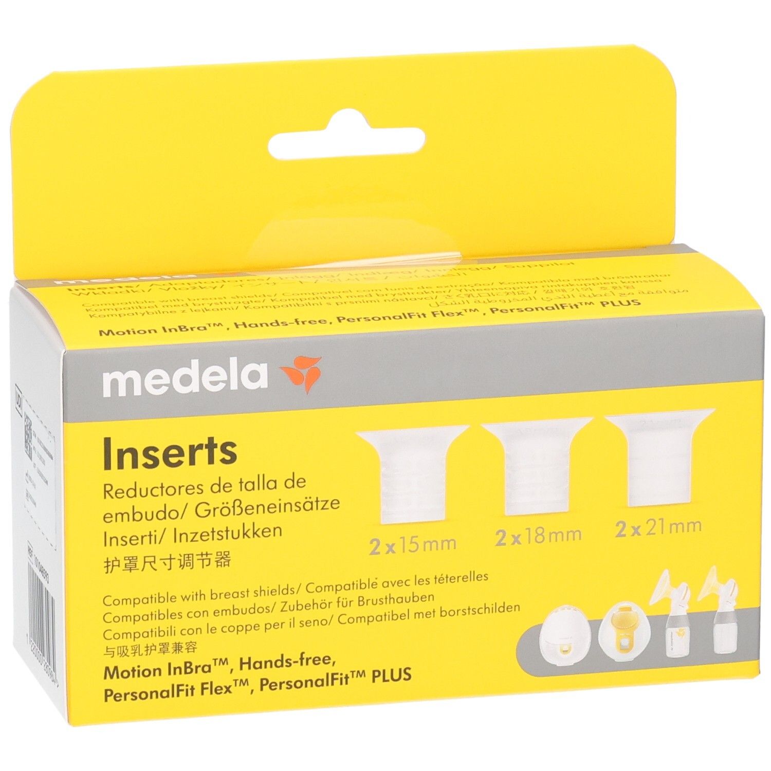 Boîte jaune Medela "Inserts". Contient 2x15mm, 2x18mm, 2x21mm. Compatible avec les téterelles. Logo Medela et texte multilingue.