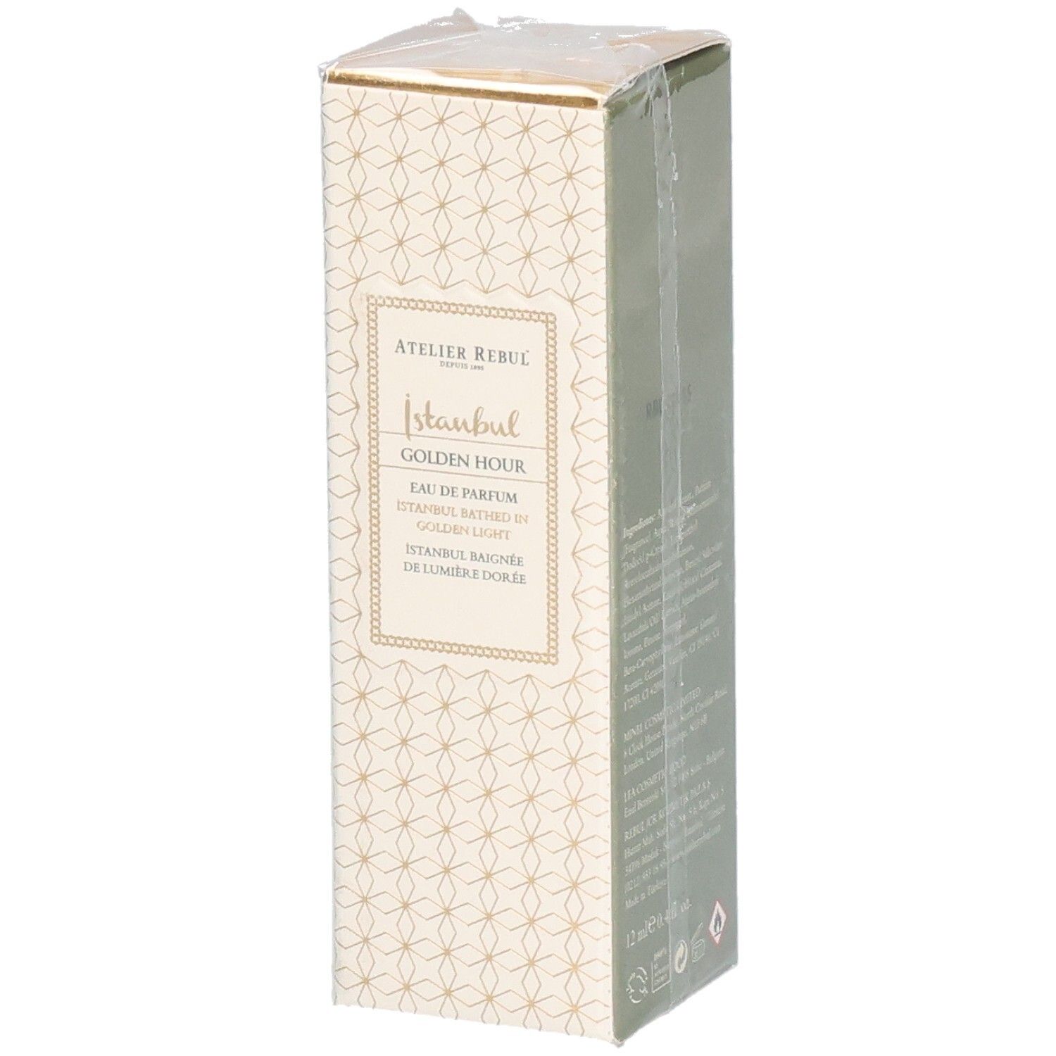Emballage en carton. Atelier Rebul Istanbul Golden Hour Eau de Parfum. Face avant avec nom du produit et logo.