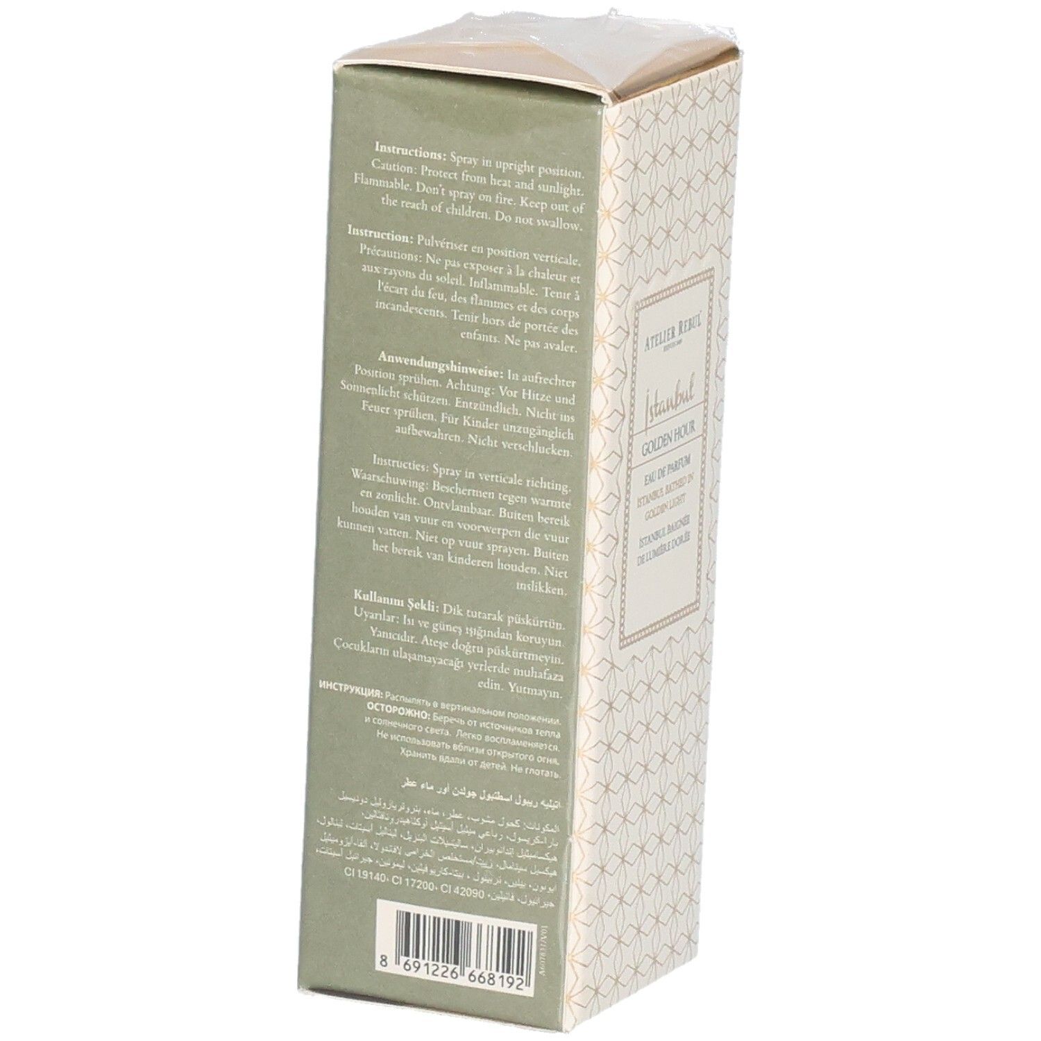 Emballage en carton. Atelier Rebul Istanbul Golden Hour Eau de Parfum. Côté avec instructions et avertissements.