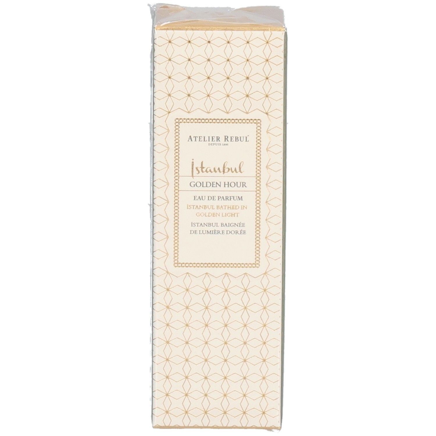 Emballage en carton. Atelier Rebul Istanbul Golden Hour Eau de Parfum. Face avant avec nom du produit et logo.