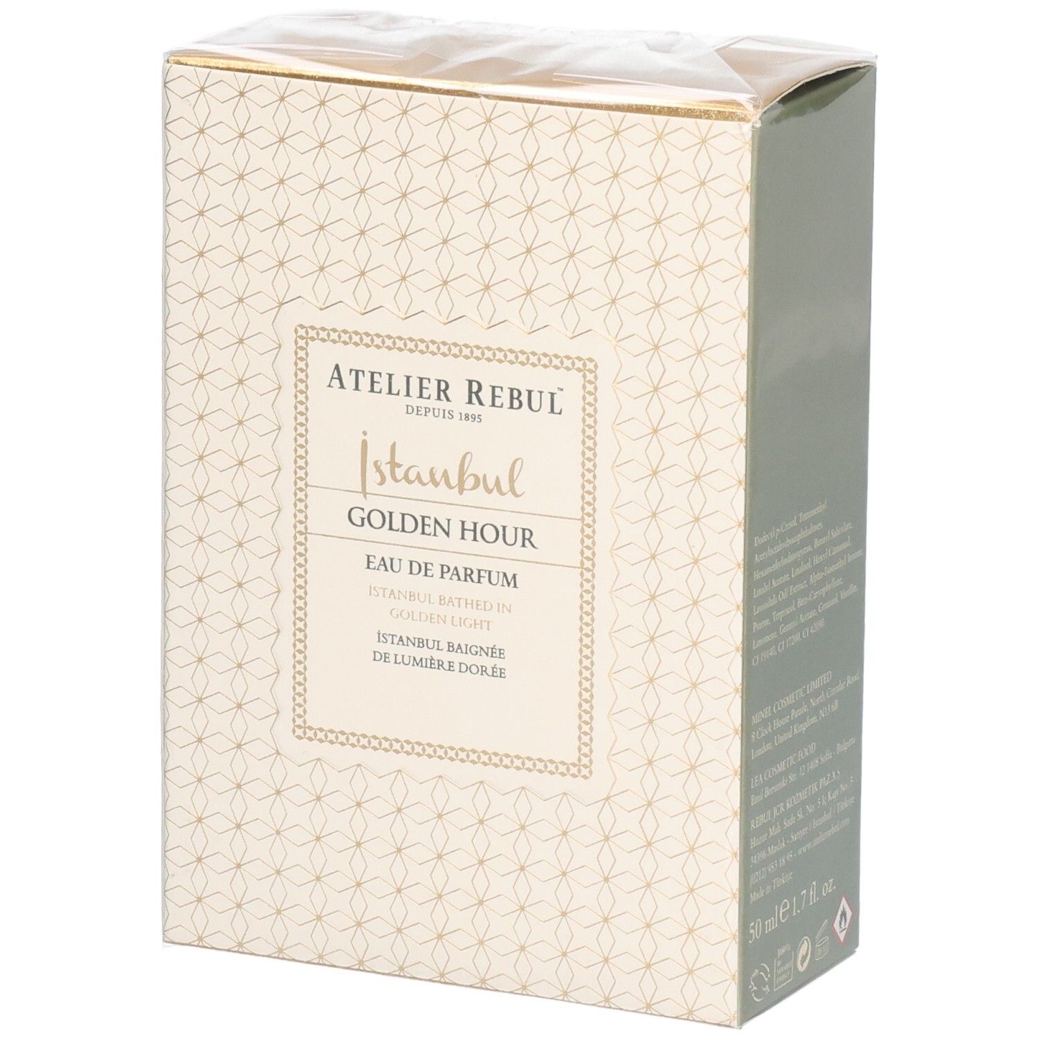 Emballage Atelier Rebul Golden Hour Eau de Parfum avec motif géométrique.