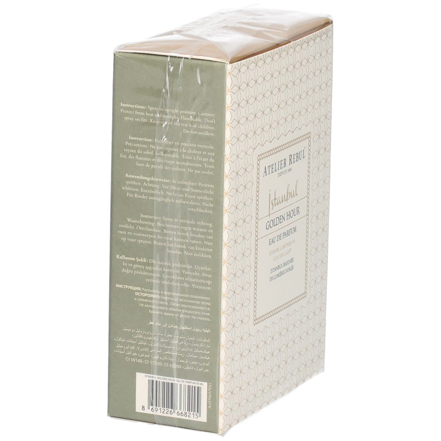 Arrière de l'emballage Atelier Rebul Golden Hour Eau de Parfum avec instructions.