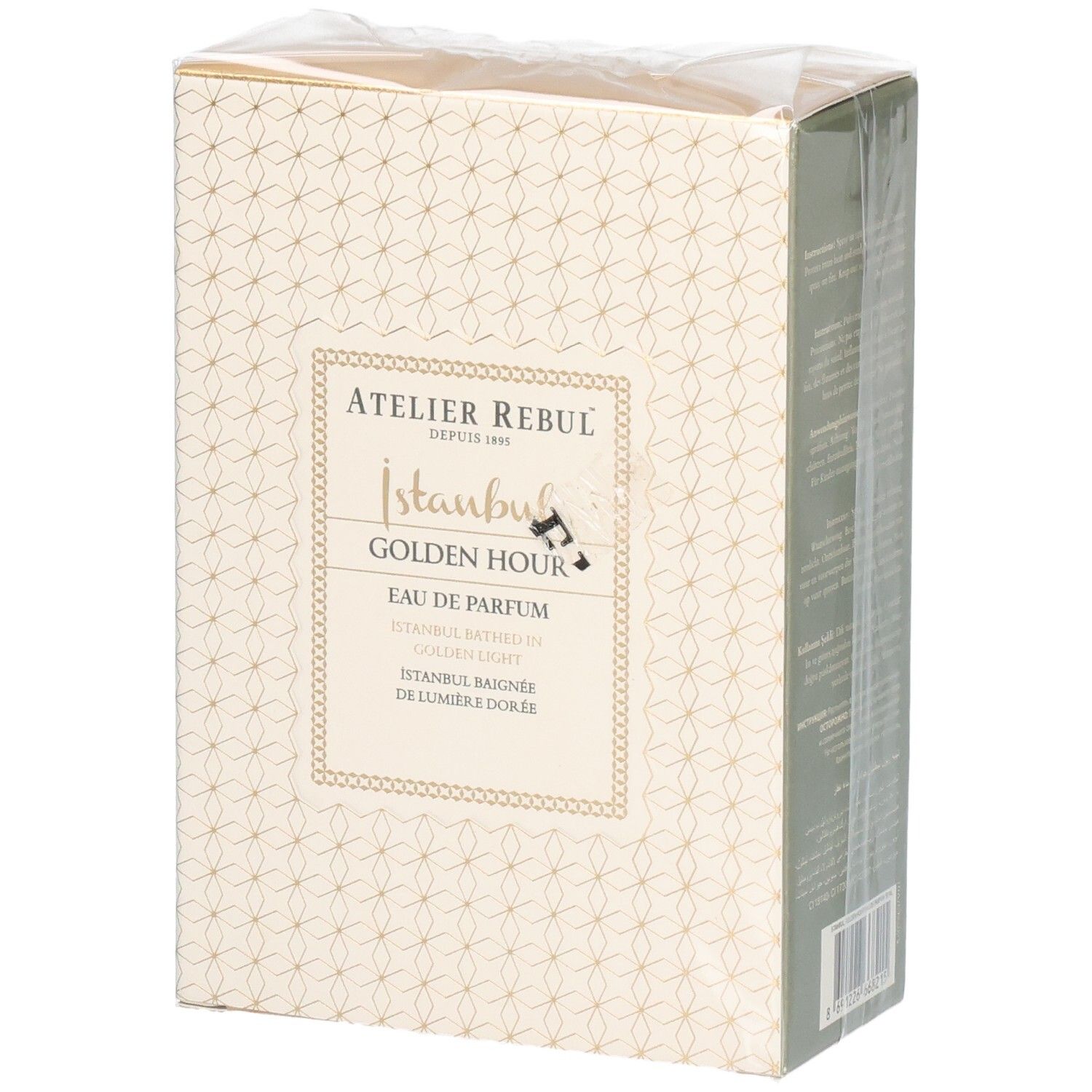 Emballage Atelier Rebul Golden Hour Eau de Parfum, vue de face avec motif géométrique.